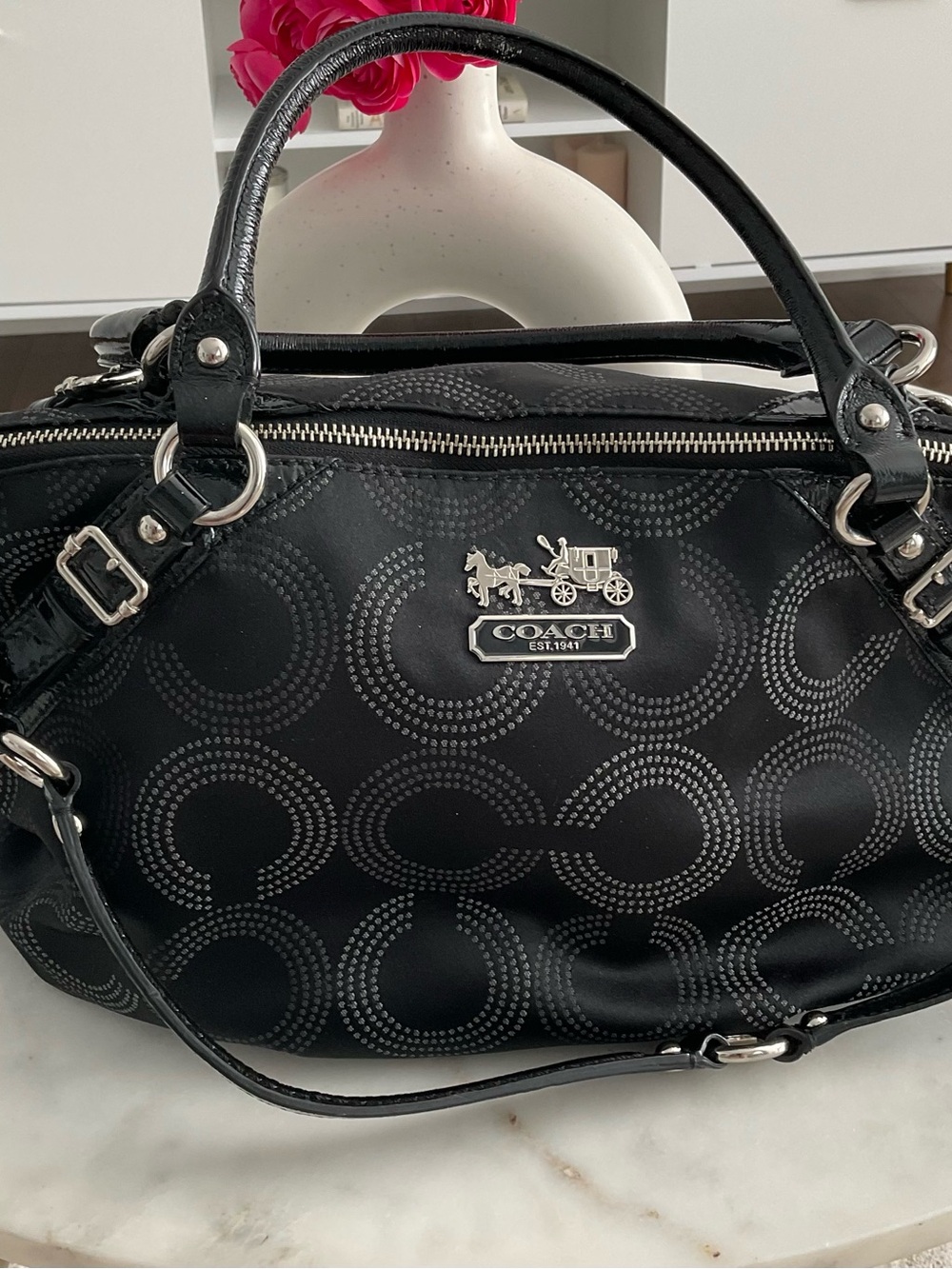 Coach Madison Dotted Op Art Sophia Satchel Shoulder Bag Purse Large. Black.